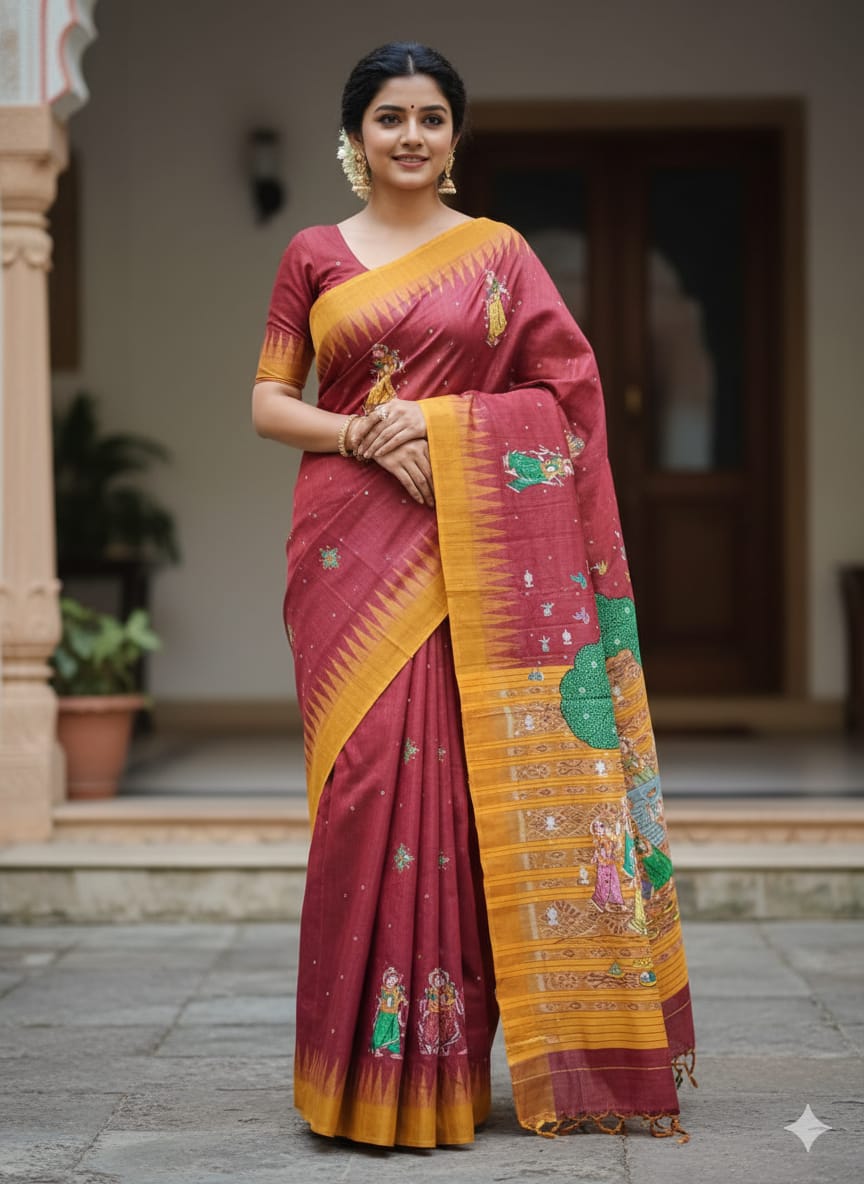 Maroon Yellow Bata Sabitri Theme Pattachitra Tussar Silk Saree