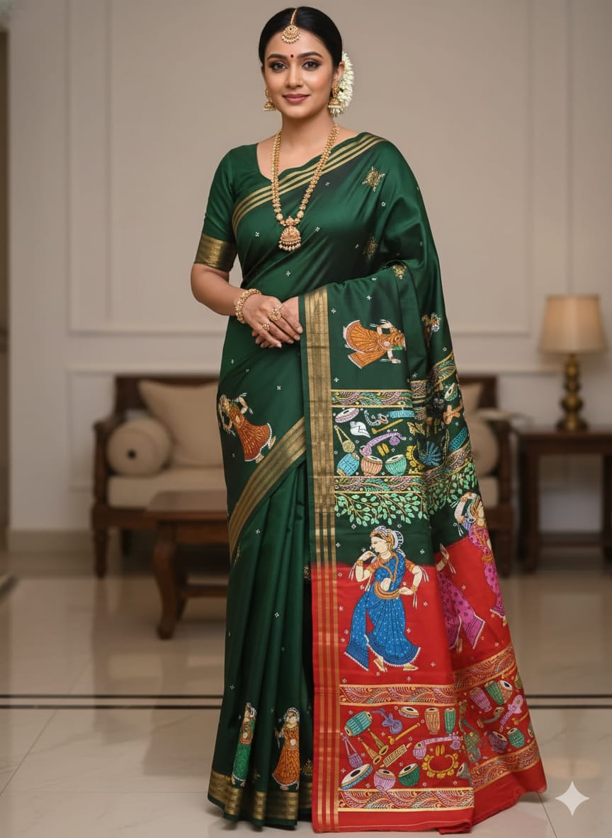 Green Red Musical Instruments And Dancer Theme Pattachitra Kanjeeveram Silk Saree