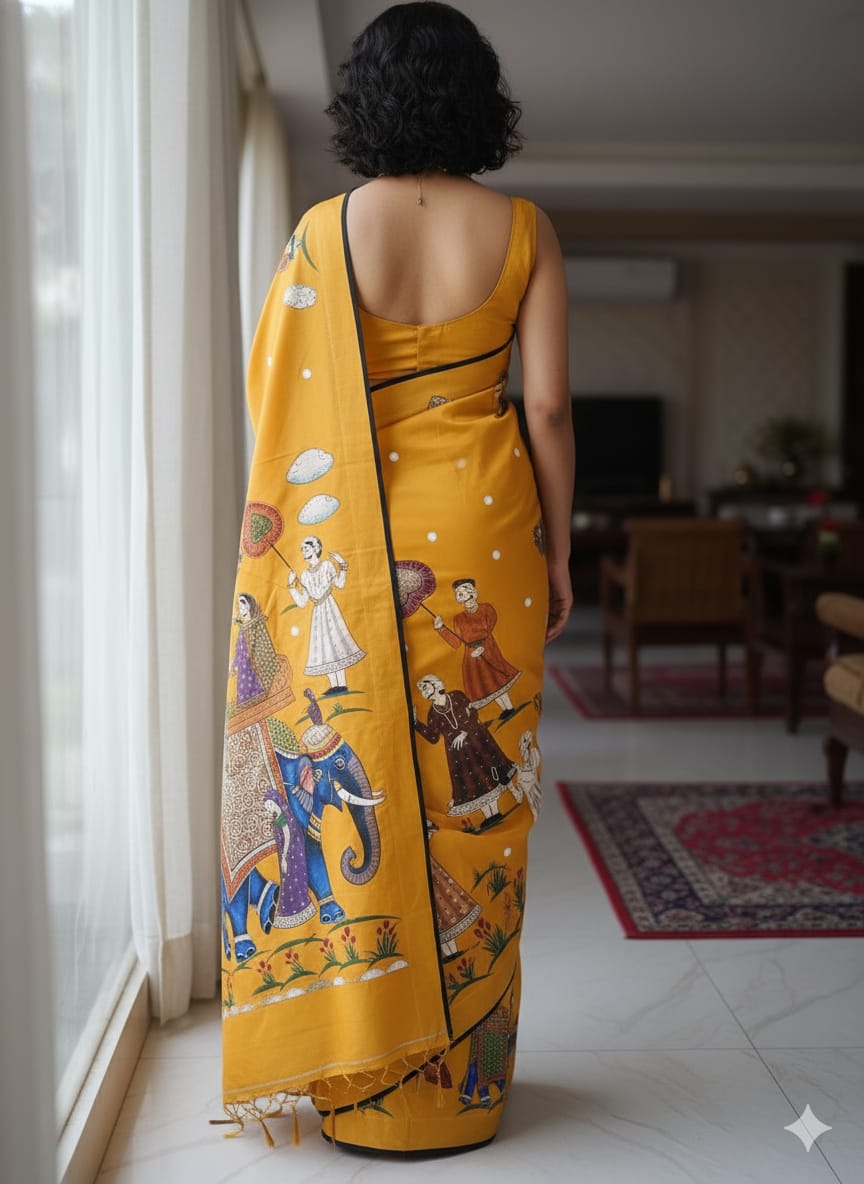 Yellow Ashoka Theme Pattachitra Khadi Silk Saree