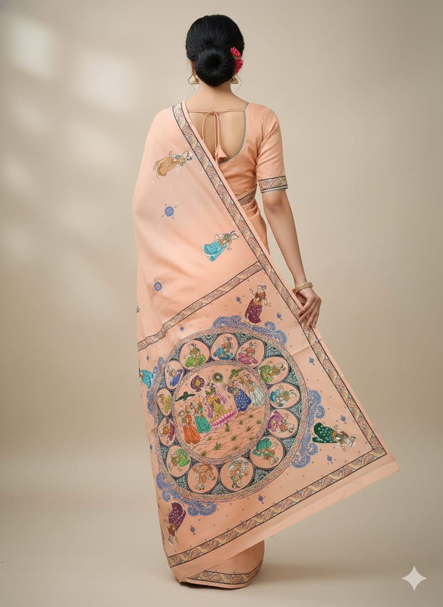 Peach Round Rasa Theme Pattachitra Khadi Silk Saree