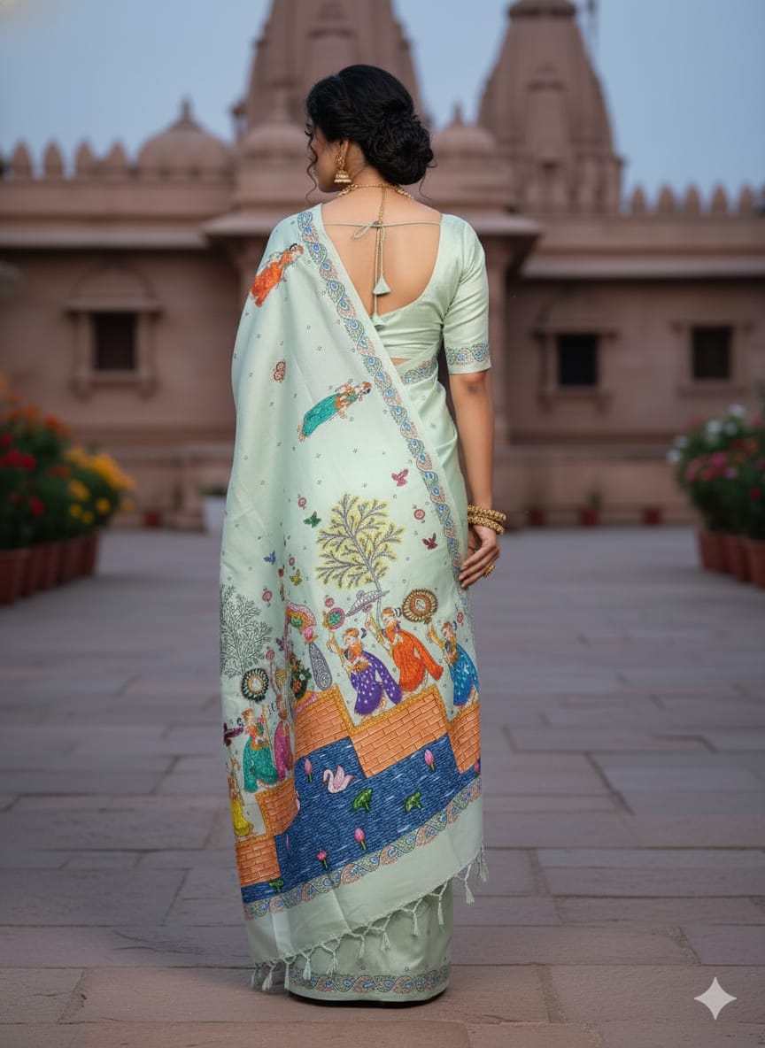 Aqua Radha Krishna Rasa Theme Pattachitra Khadi Silk Saree