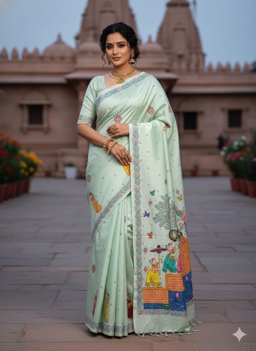 Aqua Radha Krishna Rasa Theme Pattachitra Khadi Silk Saree