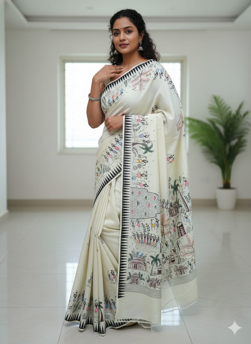 Aqua Tribal Family Theme Pattachitra Khadi Silk Saree