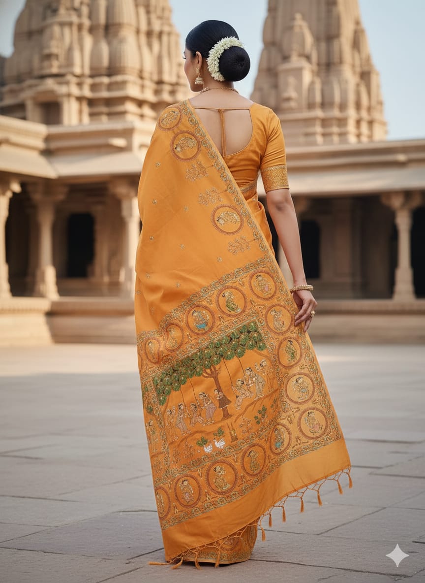 Mustard Raja Doli Theme Pattachitra Khadi Silk Saree