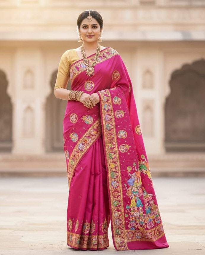 Magenta Kandarp Ratha Theme Pattachitra Sambalpuri Silk Saree