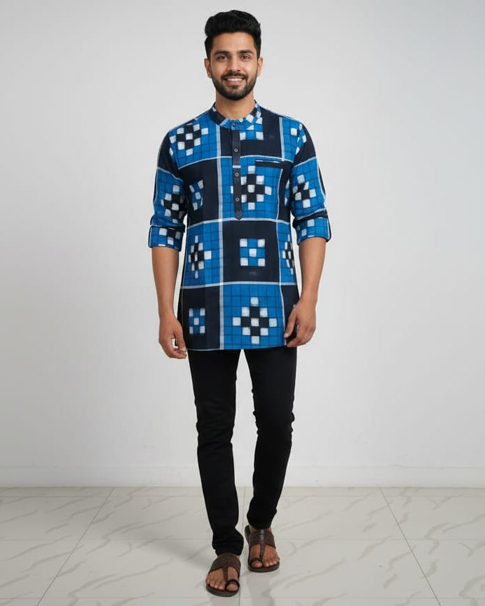 Blue Black Pasapali Odisha Handloom Men Half Kurta