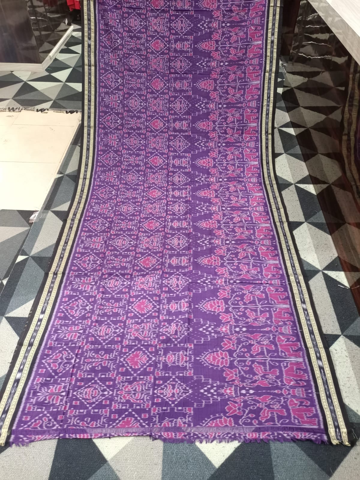 Purple Black Animal & Tree Design Khandua Cotton Saree