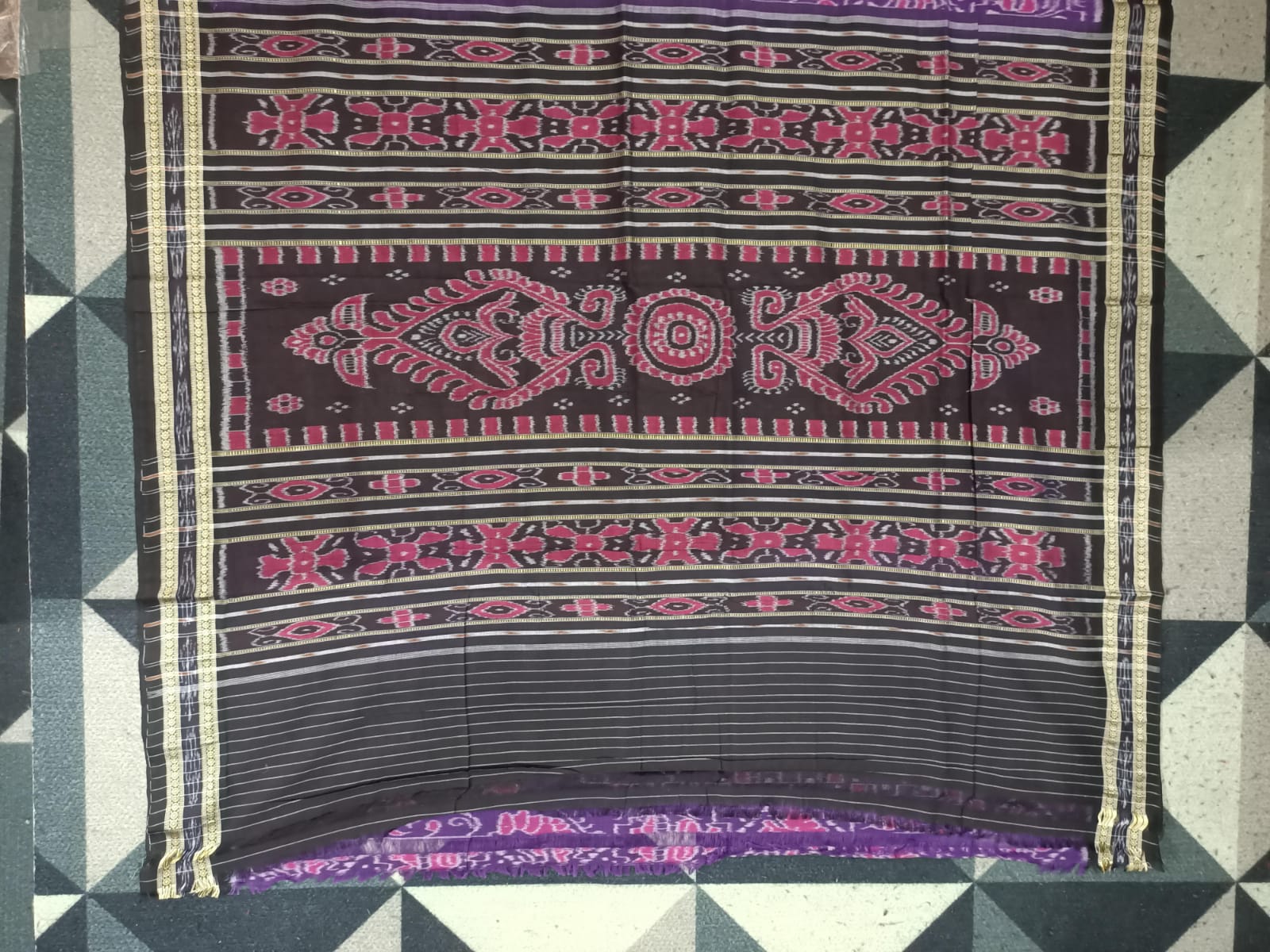 Purple Black Animal & Tree Design Khandua Cotton Saree