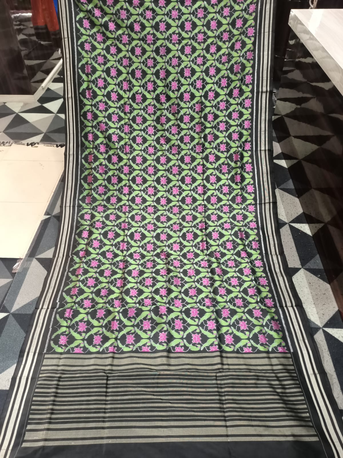 Black Dual Parrot & Lotus Design Sambalpuri Silk Saree