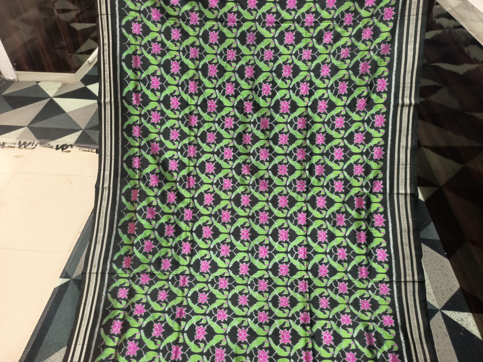 Black Dual Parrot & Lotus Design Sambalpuri Silk Saree
