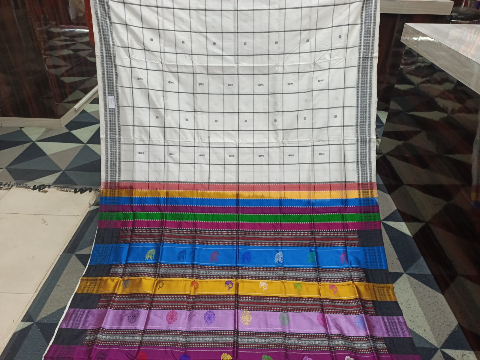 White Black Checks Fish Multicolor Double Anchal Berhampuri Silk Saree