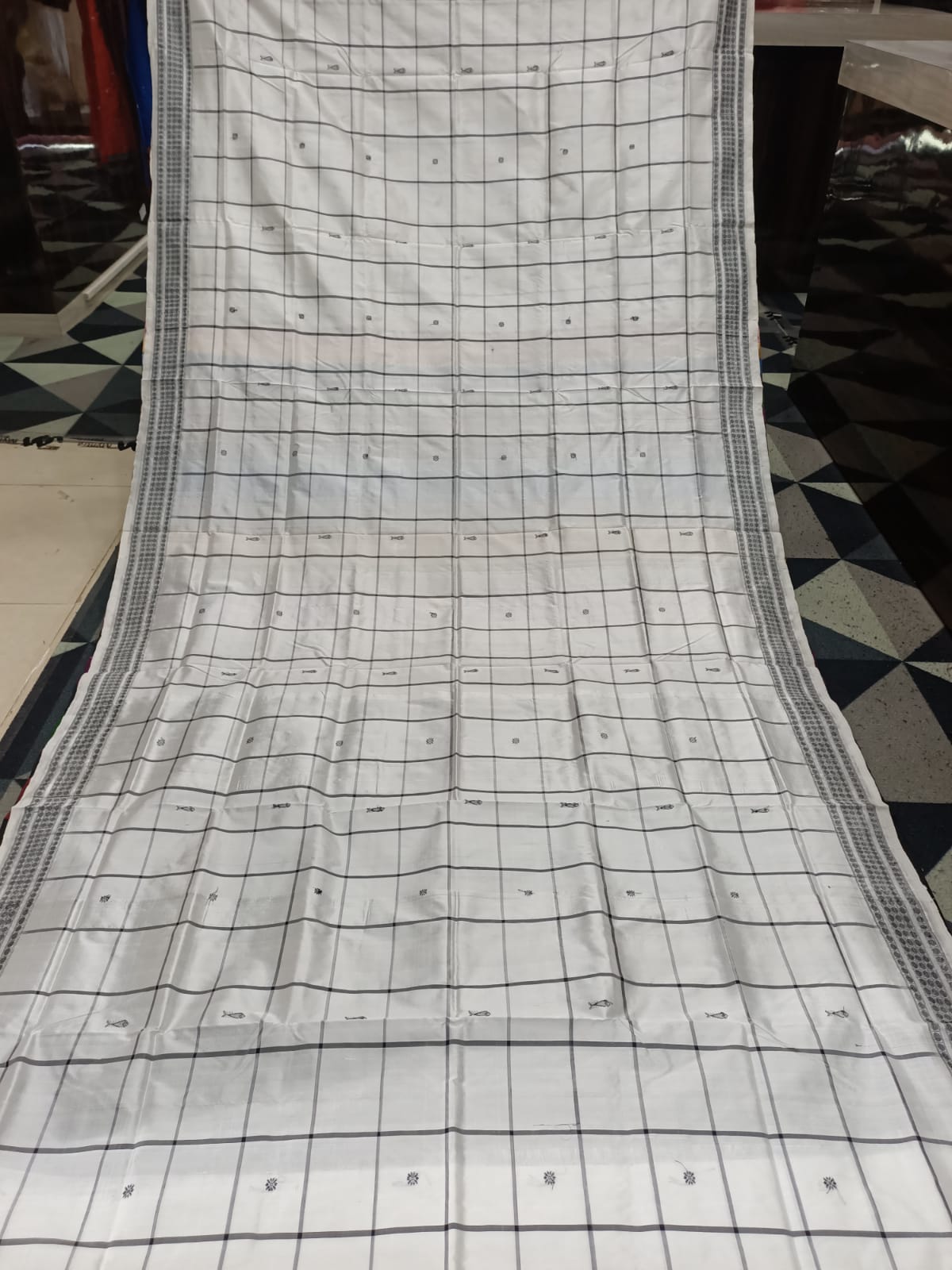 White Black Checks Fish Multicolor Double Anchal Berhampuri Silk Saree