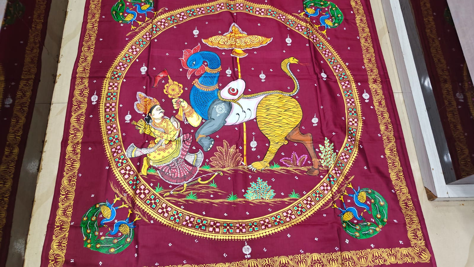 Maroon Navagunjara Theme Pattachitra Khadi Silk Saree