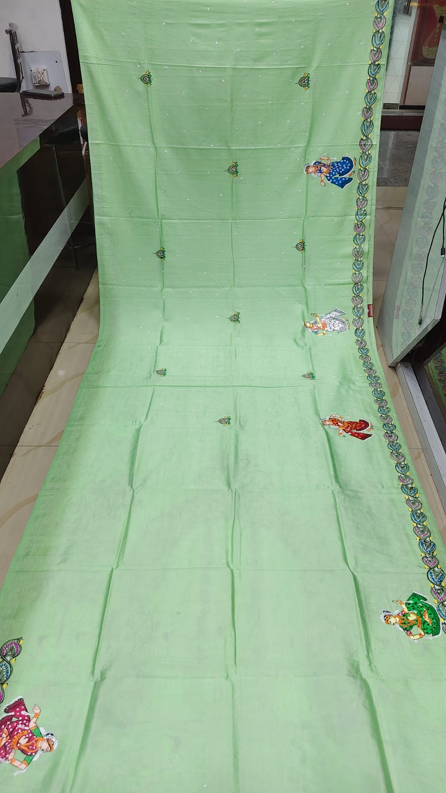 Pista Raja Doli Theme Pattachitra Khadi Silk Saree
