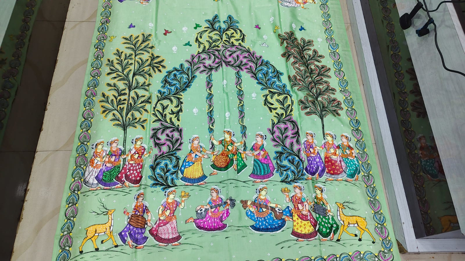 Pista Raja Doli Theme Pattachitra Khadi Silk Saree