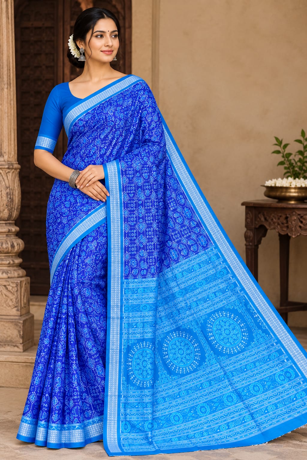 Blue Copper Sulphate Sankha Design Sambalpuri Silk Saree
