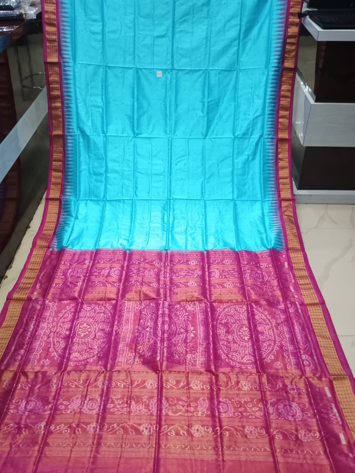 Sky Blue and Rani Pink Handwoven Sambalpuri Bomkai Silk Saree
