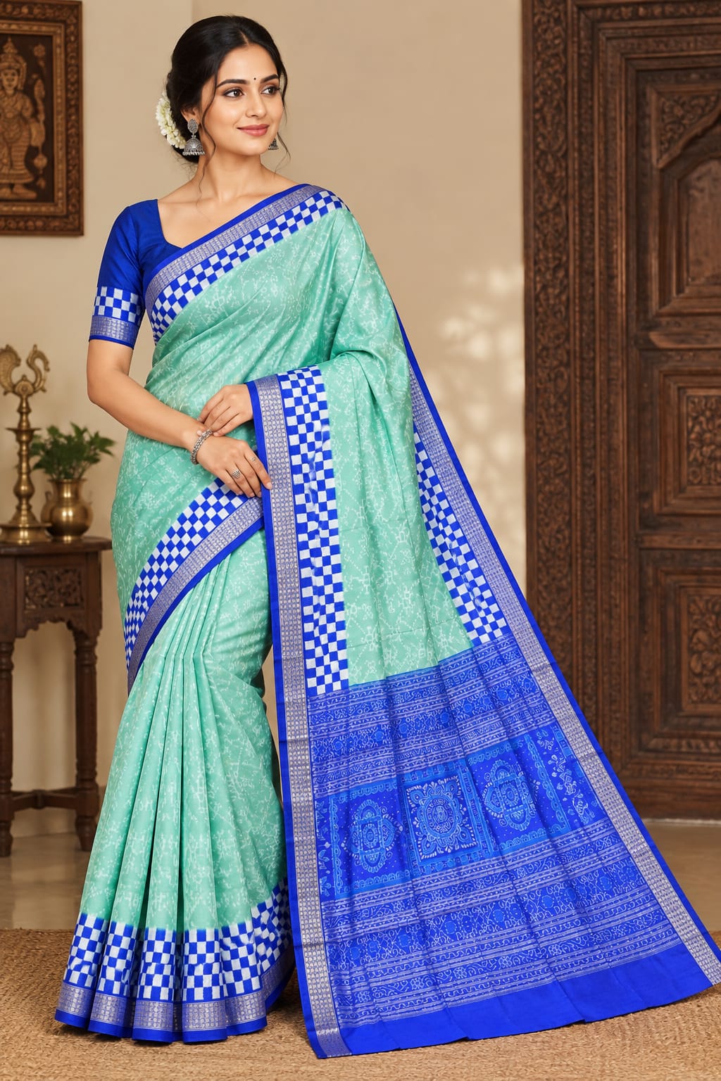 Mint Green and Cobalt Blue Pasapali Handwoven Sambalpuri Silk Saree