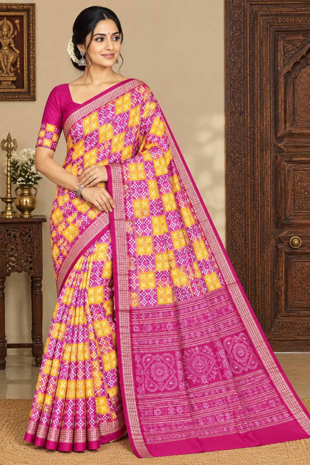 Yellow and Rani Pink Pasapali Design Sambalpuri Silk Saree