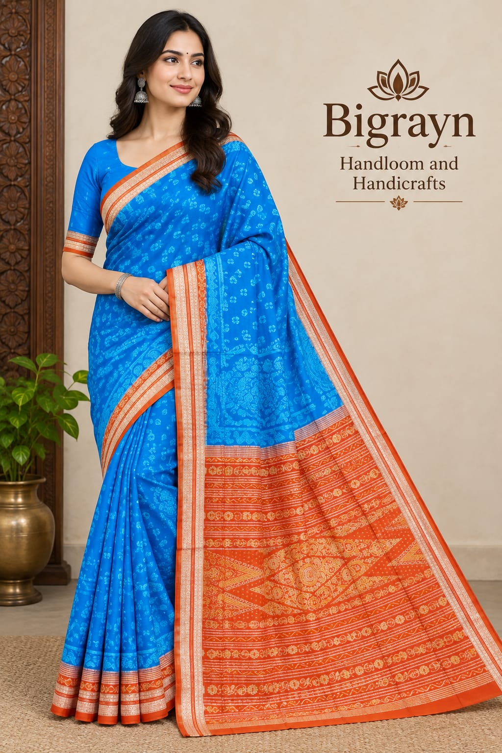 Deep Sky Brown Laxmi Pada Design Sambalpuri Silk Saree