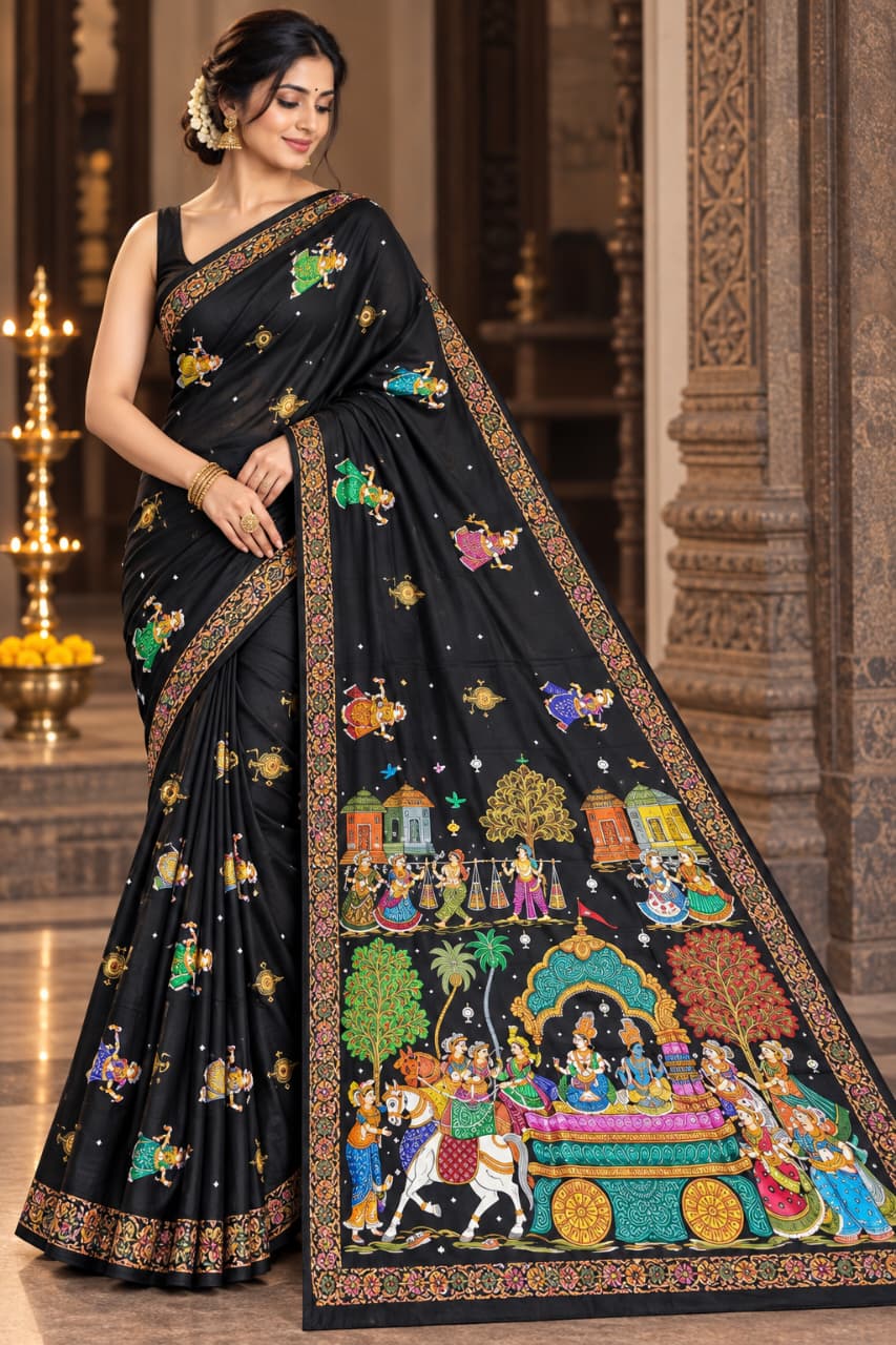 Black Mathura Vijay Theme Pattachitra Khadi Silk Saree