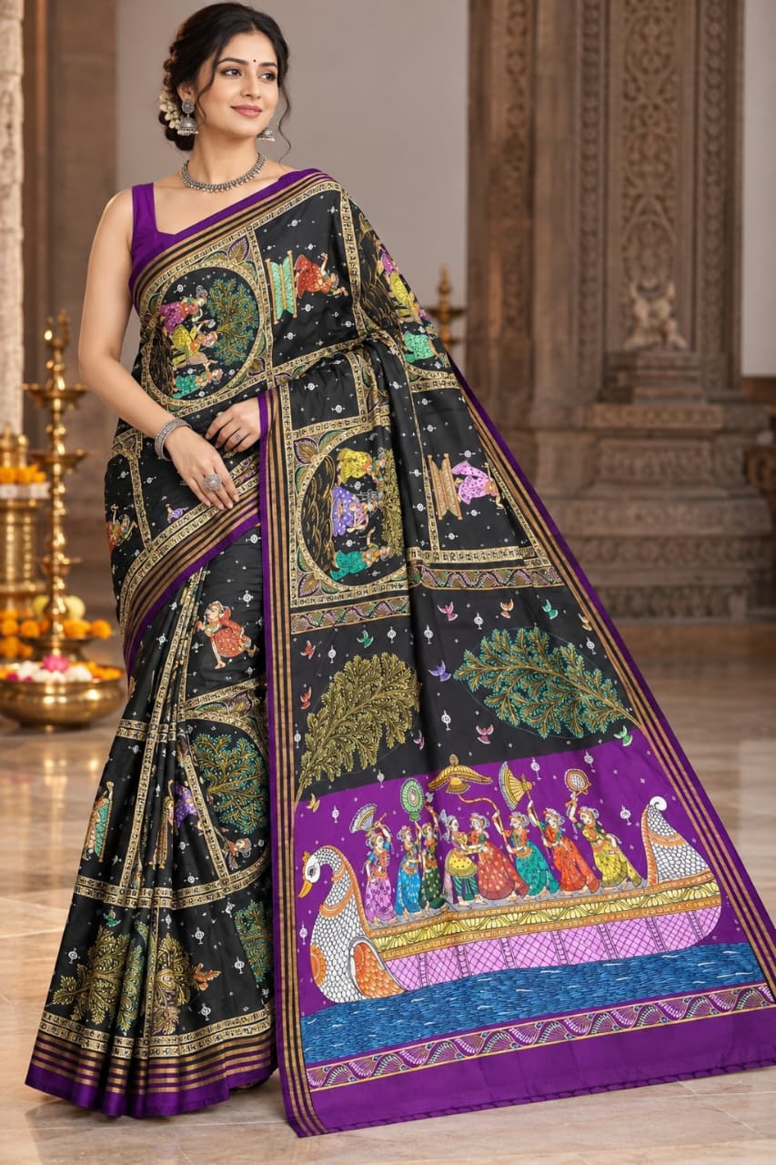 Black Purple Big Box Boita Theme Pattachitra Kanjeeveram Silk Saree