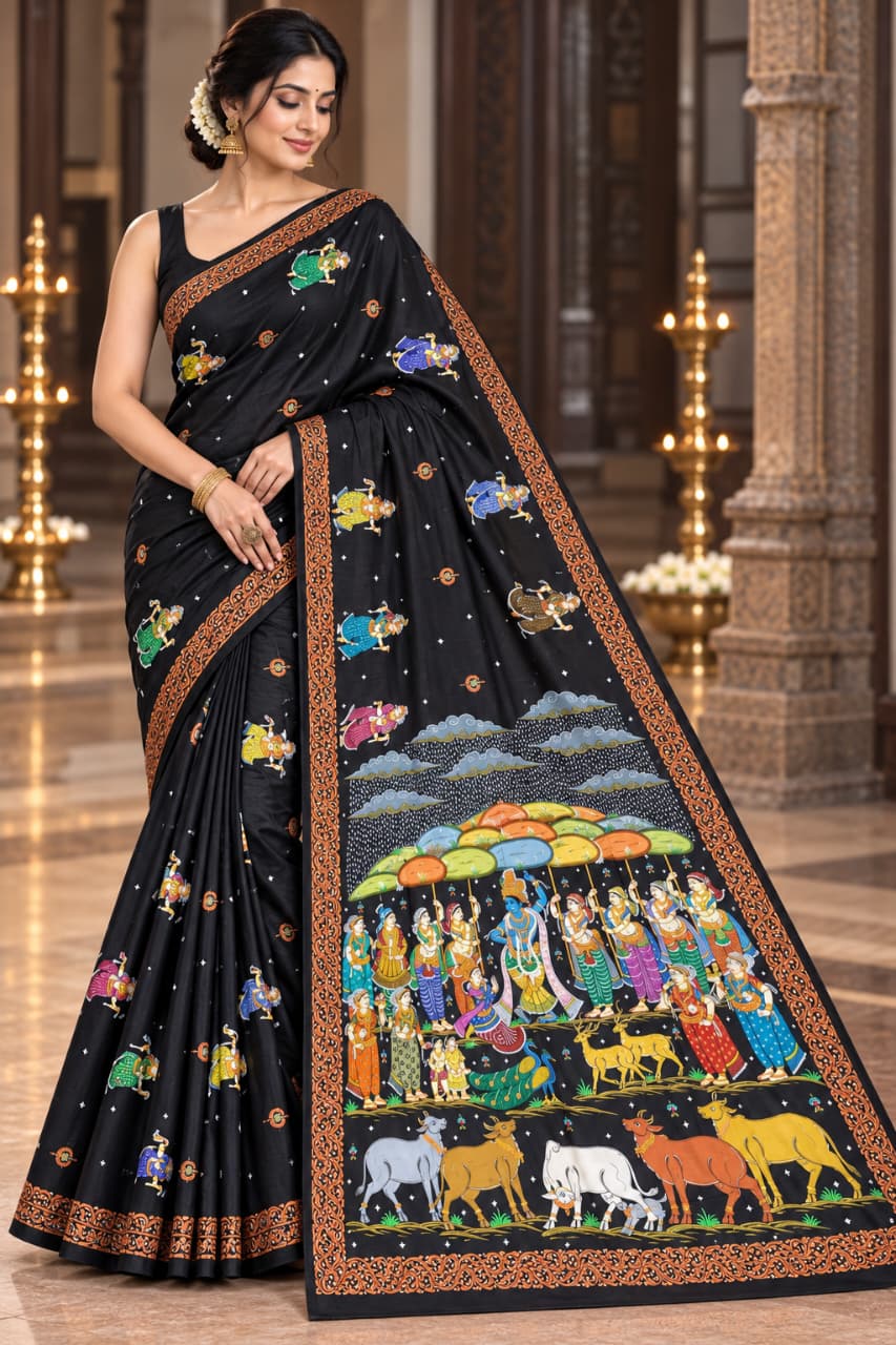 Black Giri Govardhan Theme Pattachitra Khadi Silk Saree