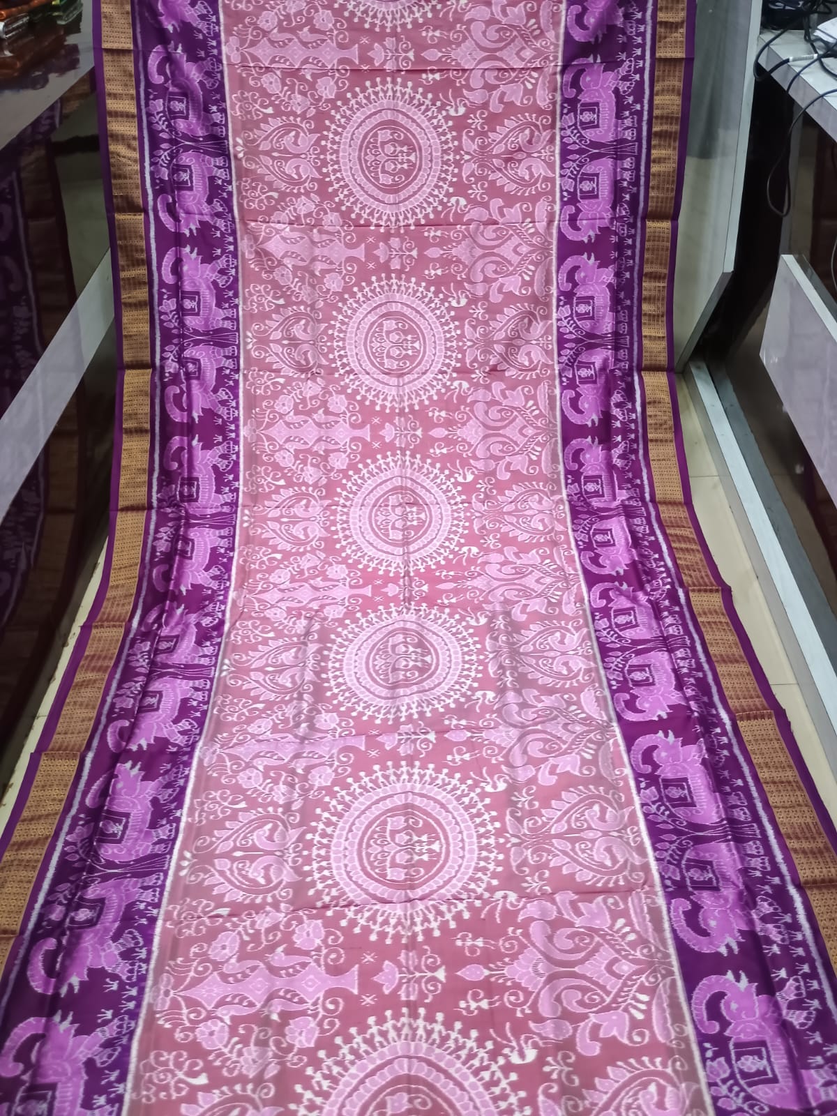 Peach Pink Purple Round Tribal And Scot Elephant Design Sambalpuri Half Tissue Silk Saree