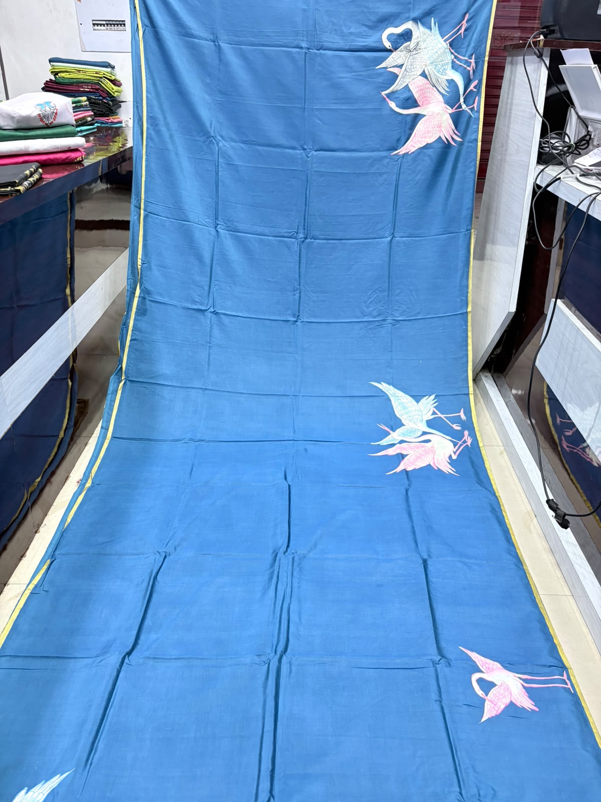 Teal blue Crane And Wetland Handpainted Pattachitra Khadi Silk Saree