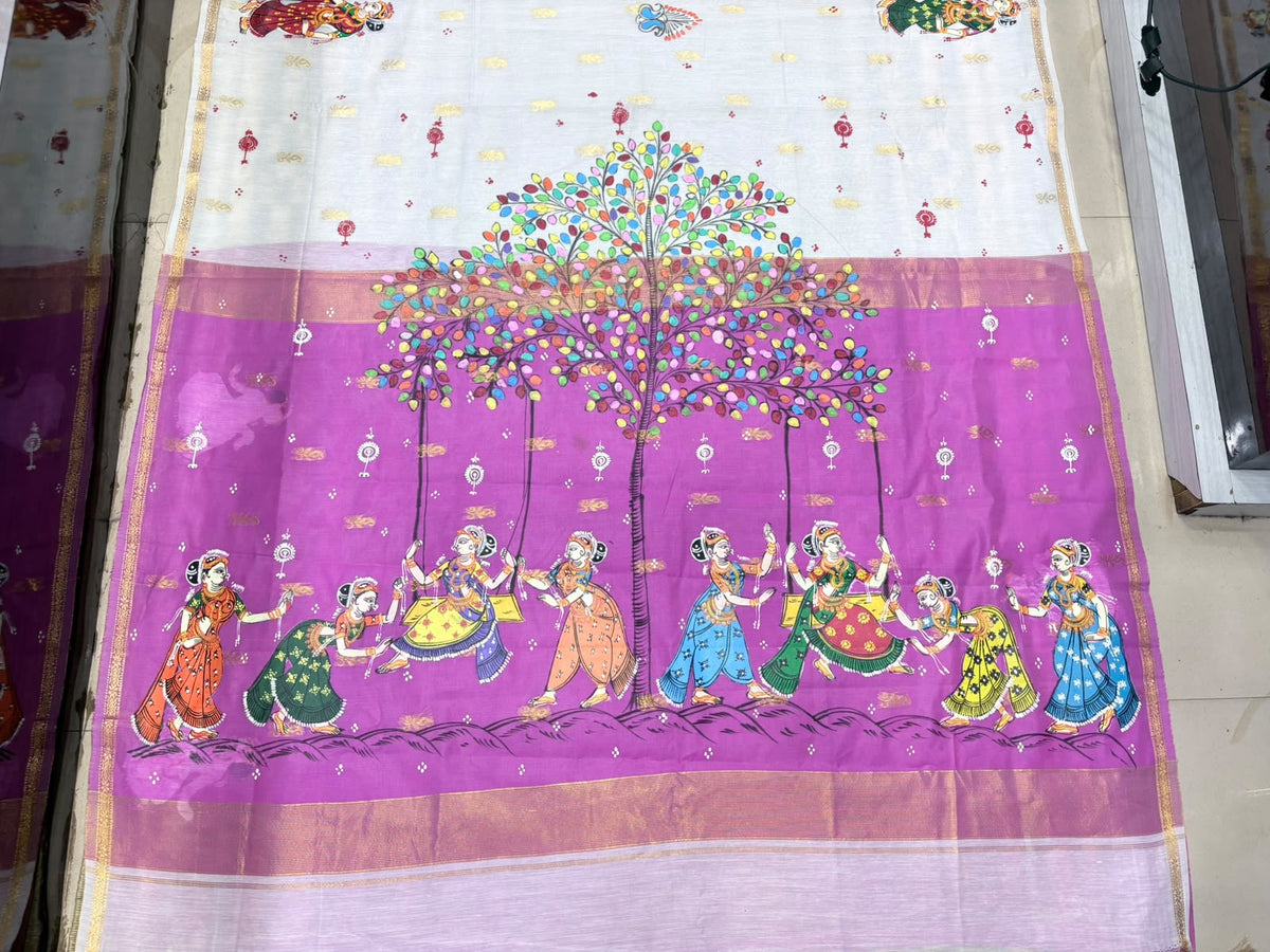 Rani Pink & White Raja Doli Theme Hand-Painted Pattachitra Saree - South Cotton Saree