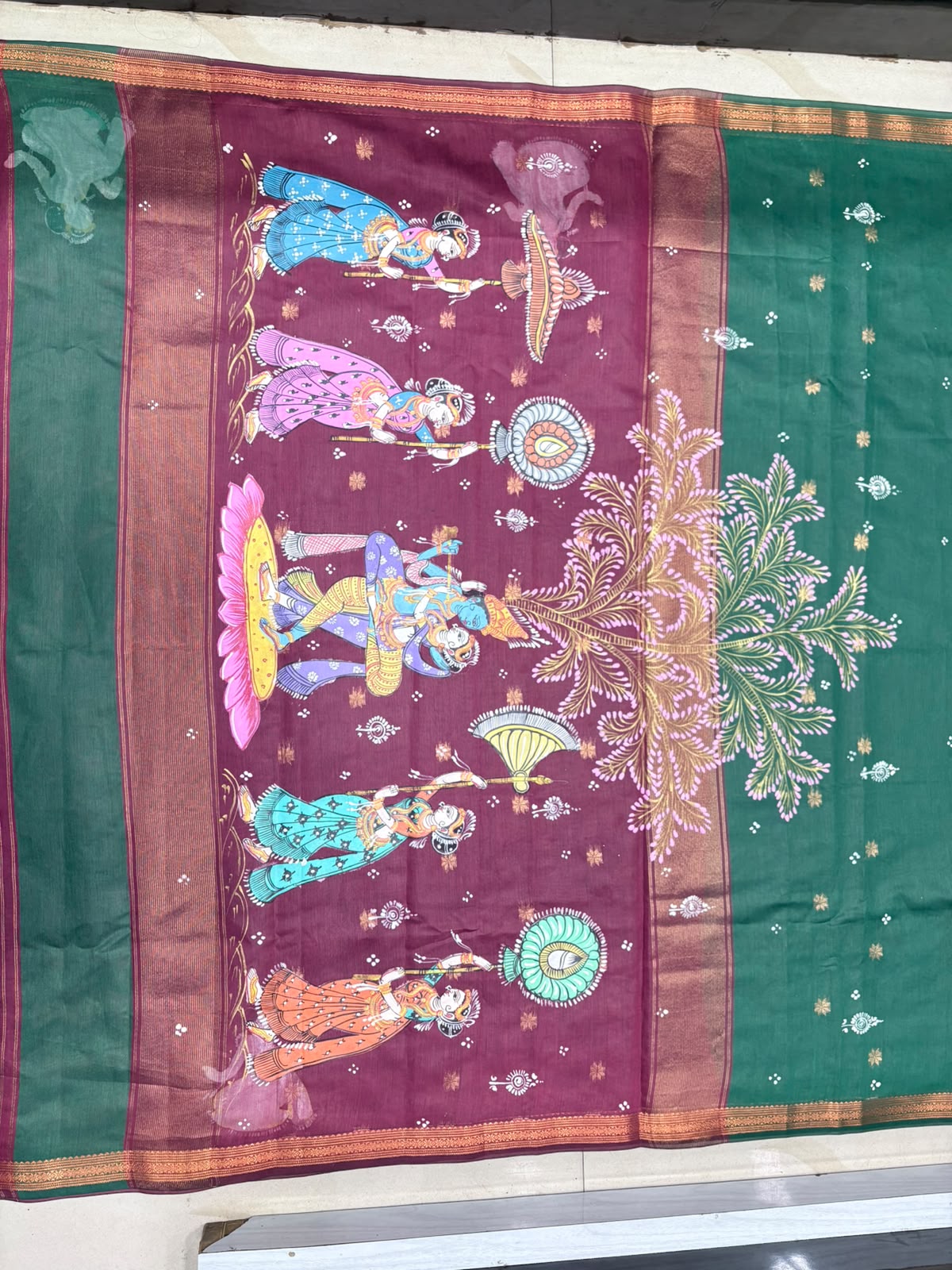 Bottle Green & Wine Maroon Radha Krishna Rassa Theme Hand-Painted Pattachitra Cotton Saree