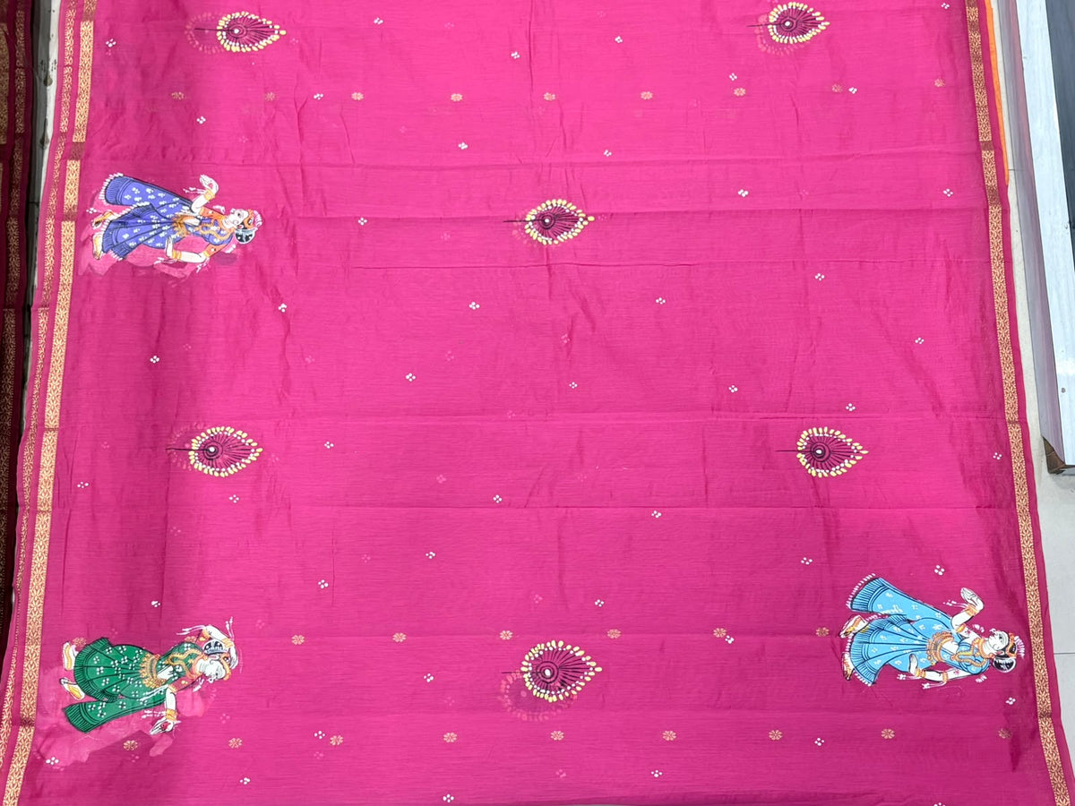 Rani Pink & Mustard Orange Krishna Sakhi Dance Theme Hand-Painted Pattachitra South Cotton Saree