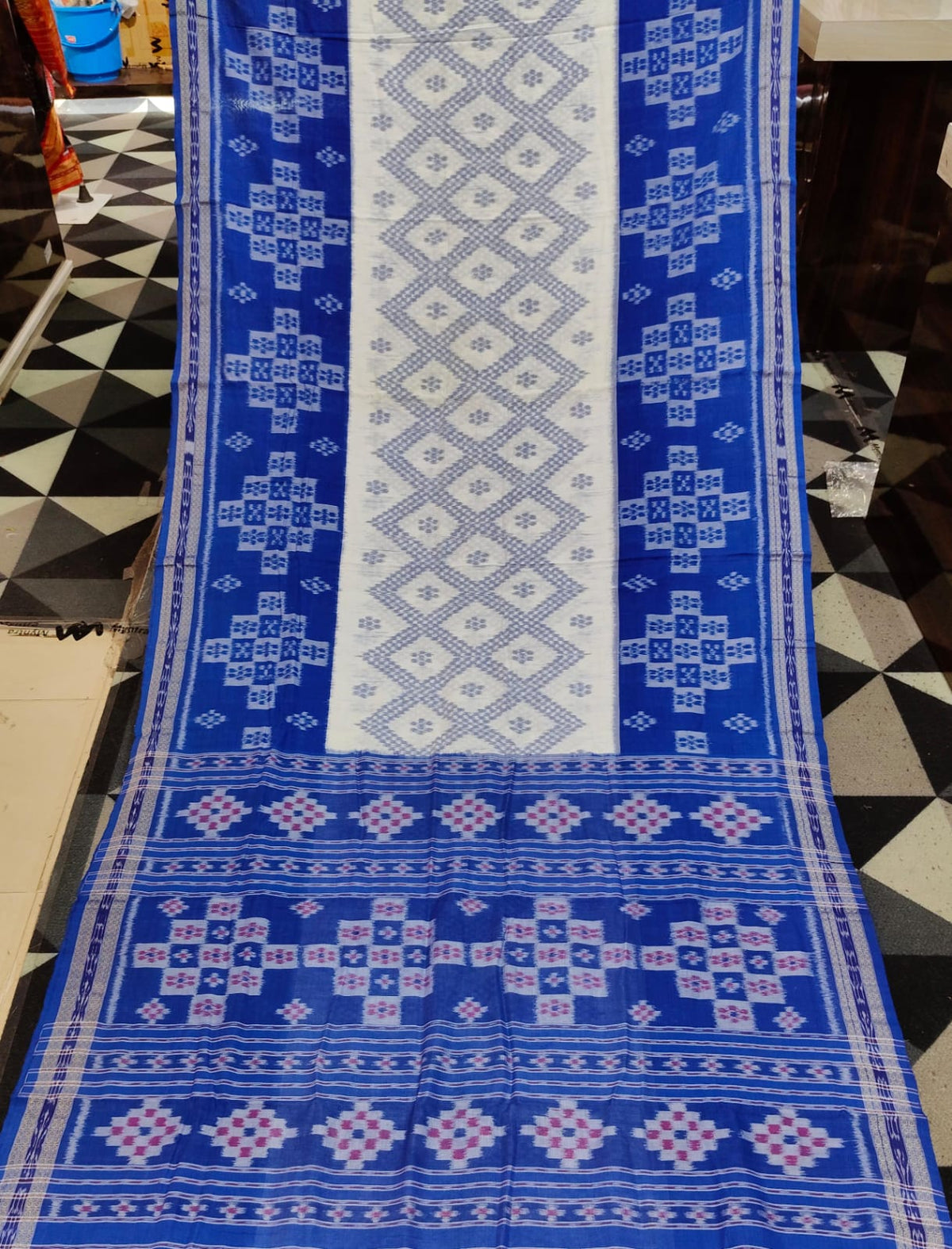 White Blue Tarabali Design Khandua Cotton Saree