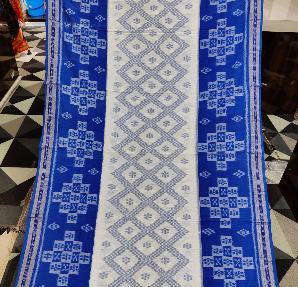 White Blue Tarabali Design Khandua Cotton Saree