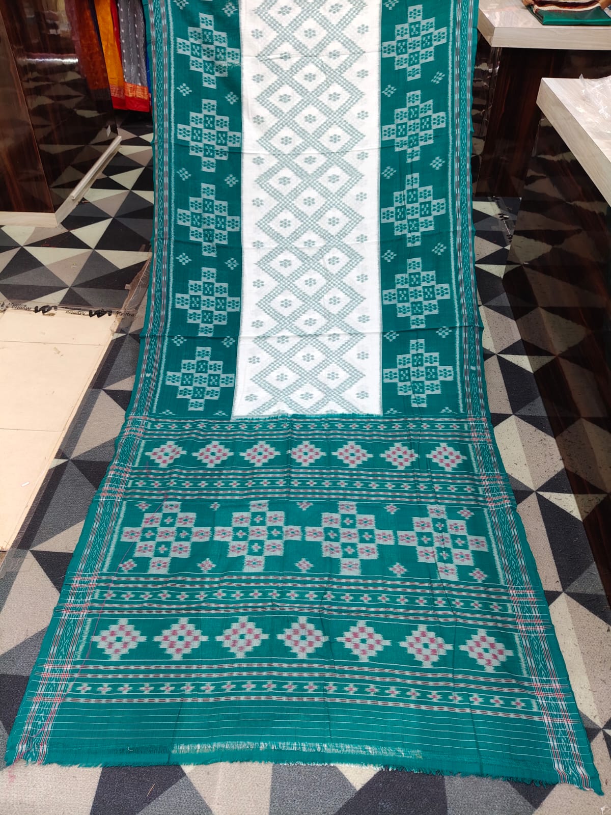 White Rama Green Tarabali Design Khandua Cotton Saree