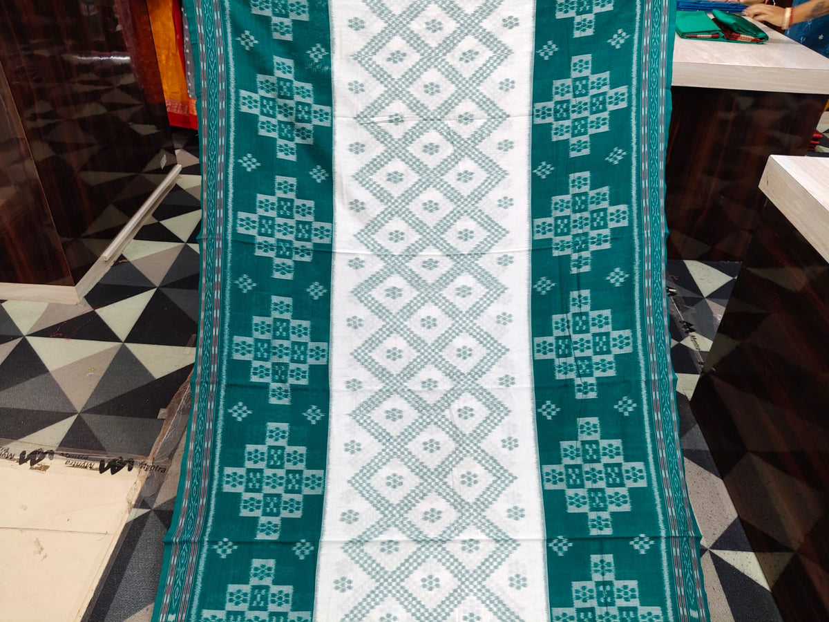 White Rama Green Tarabali Design Khandua Cotton Saree