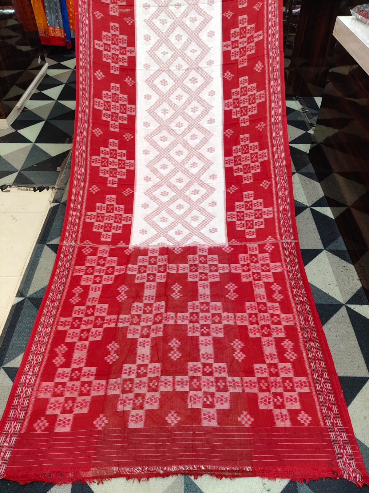 White Red Tarabali Design Khandua Cotton Saree