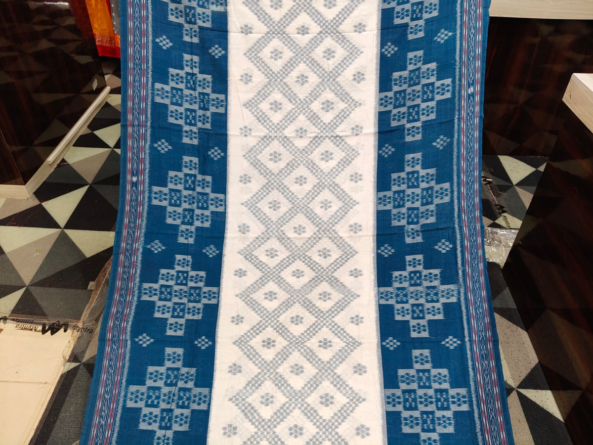 White Teal Green Tarabali Design Khandua Cotton Saree