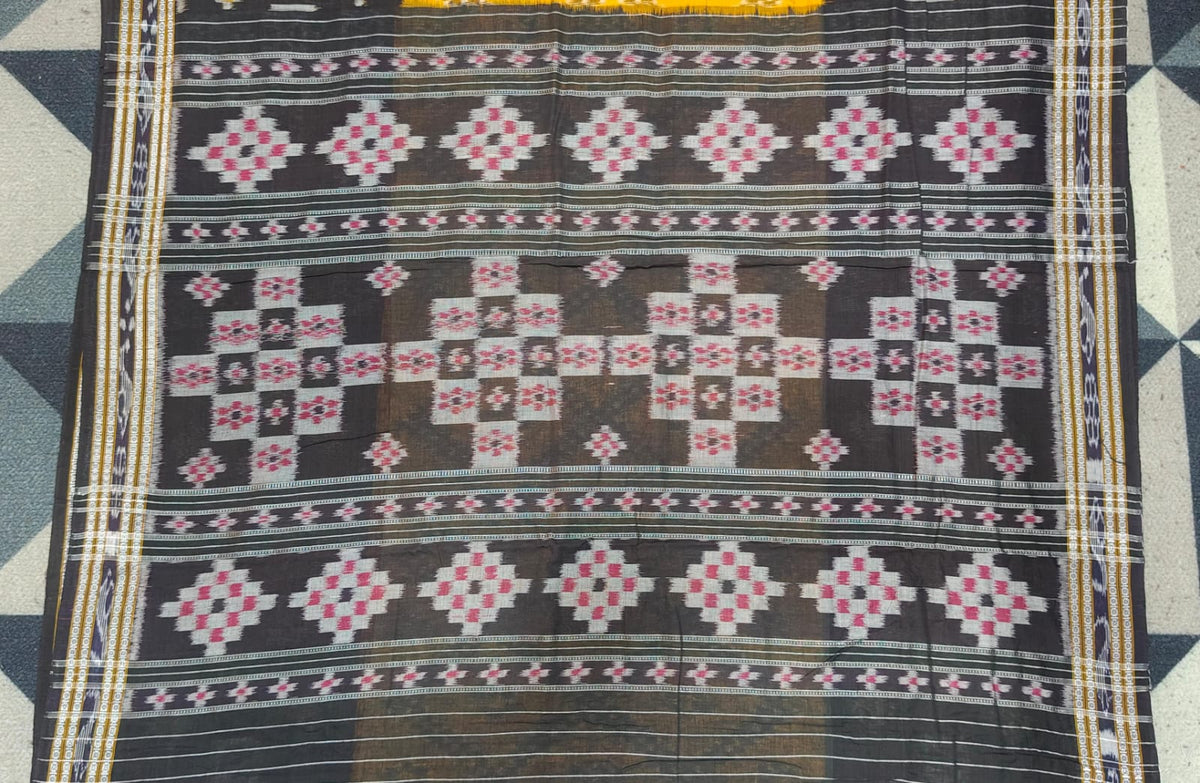 Yellow Black Tarabali Design Khandua Cotton Saree