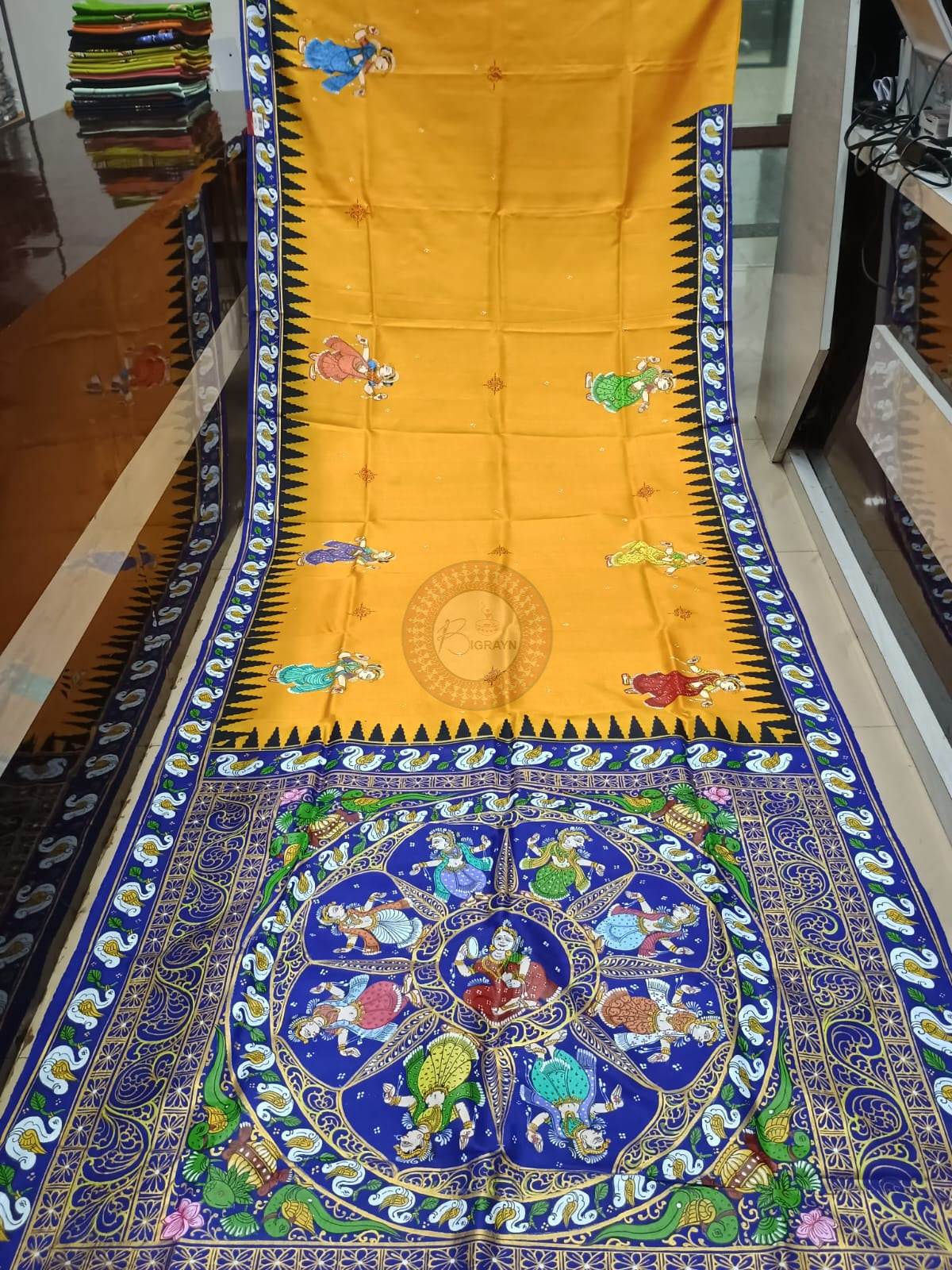 Yellow Blue Round Dancer Theme Pattachitra Raw Silk Saree
