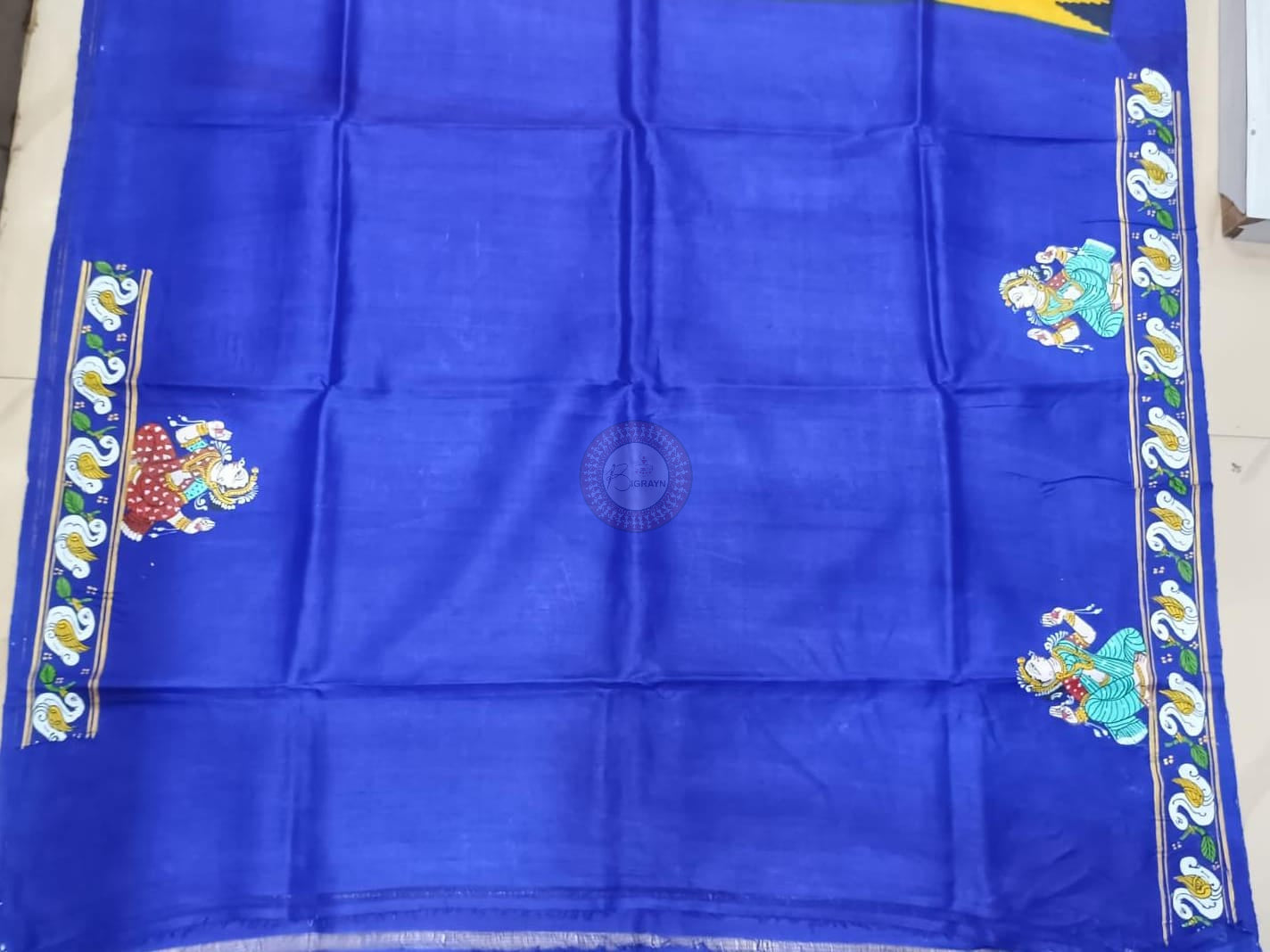 Yellow Blue Round Dancer Theme Pattachitra Raw Silk Saree