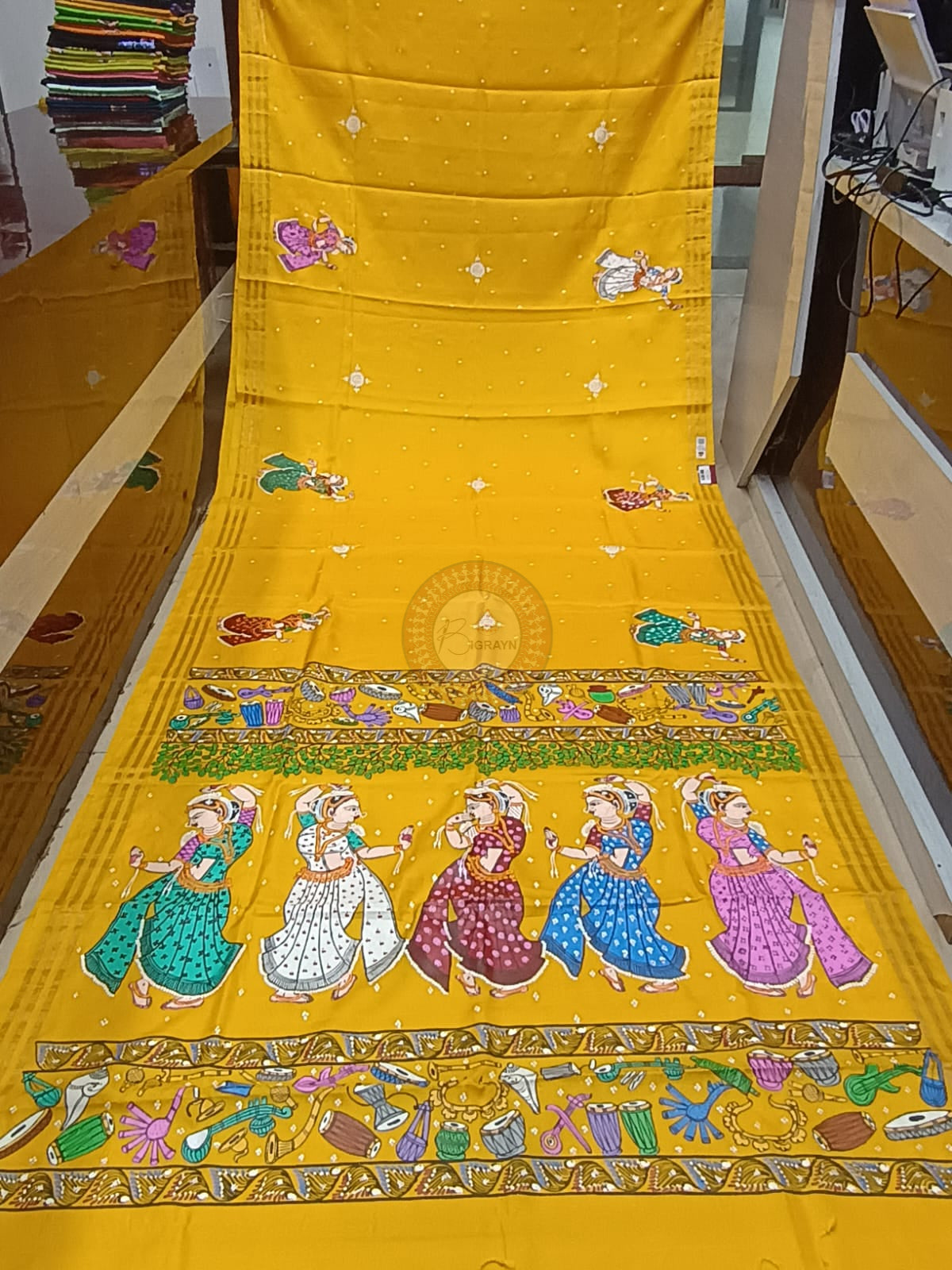 Yellow Odishi Dancer And Musical Instrument Theme Pattachitra Kanjeeveram Silk Saree