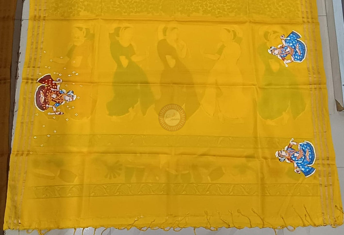 Yellow Odishi Dancer And Musical Instrument Theme Pattachitra Kanjeeveram Silk Saree