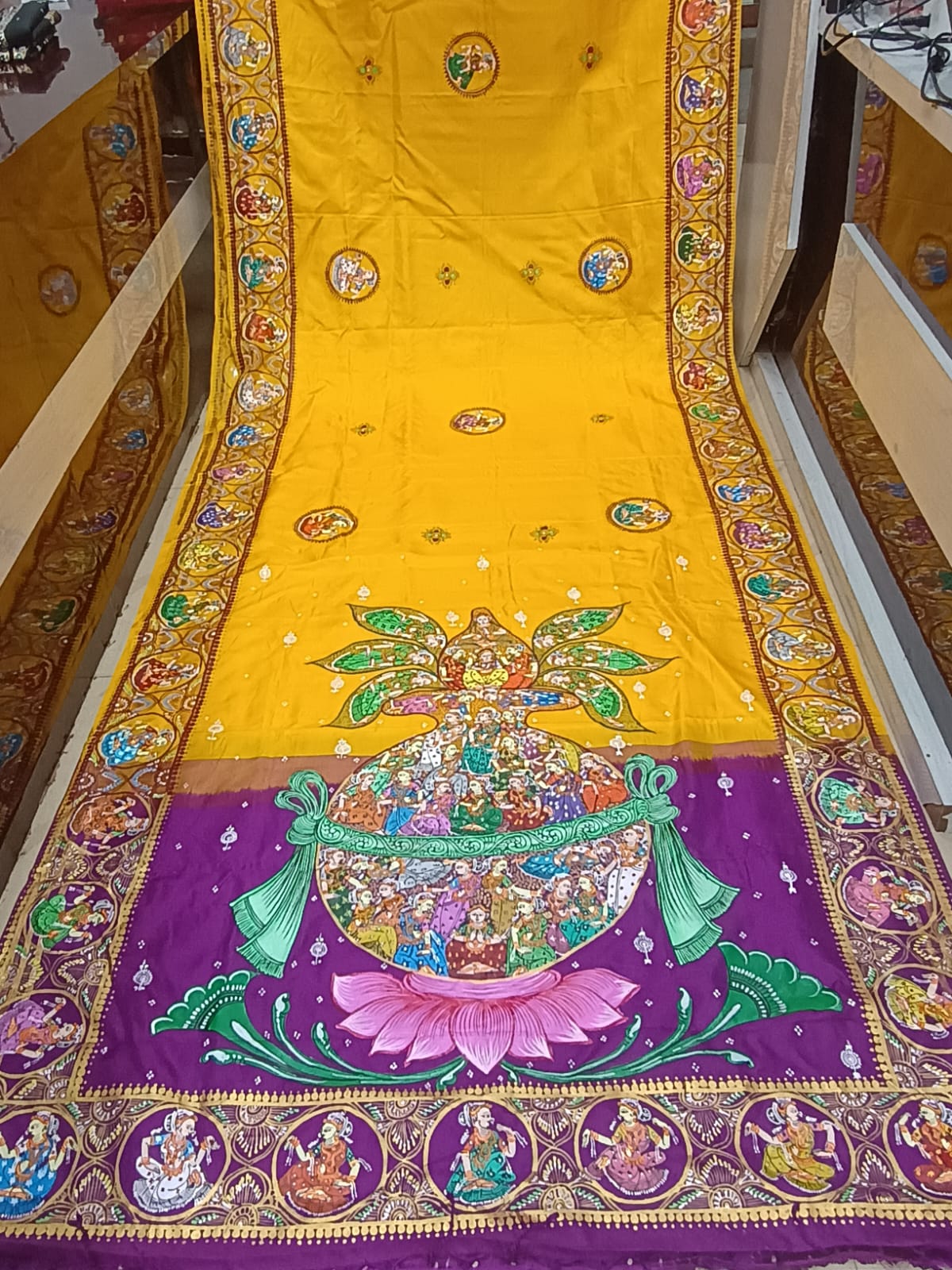 Yellow Purple Kandarp Kalashi Theme Pattachitra Kanjeeveram Silk Saree