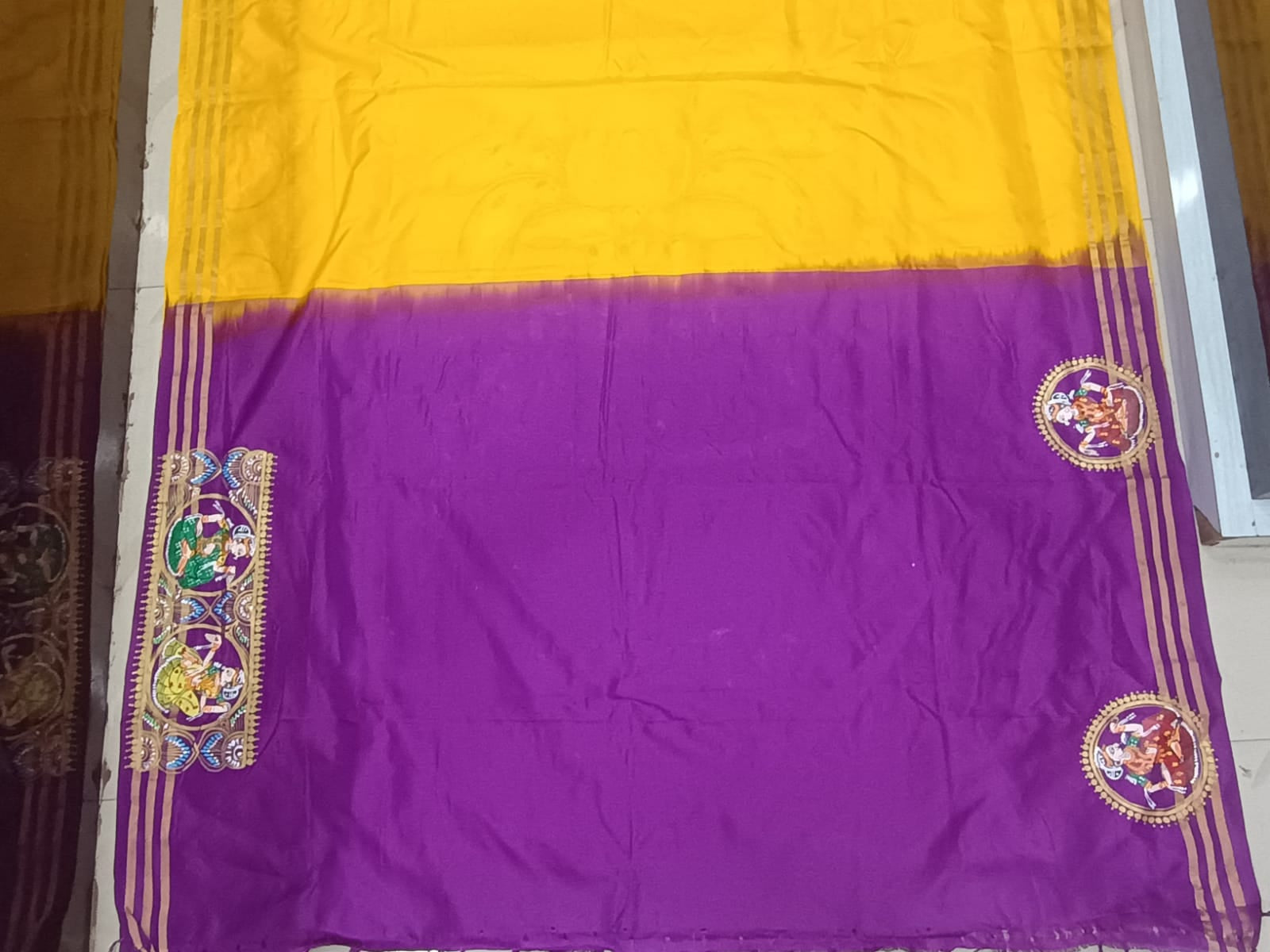 Yellow Purple Kandarp Kalashi Theme Pattachitra Kanjeeveram Silk Saree