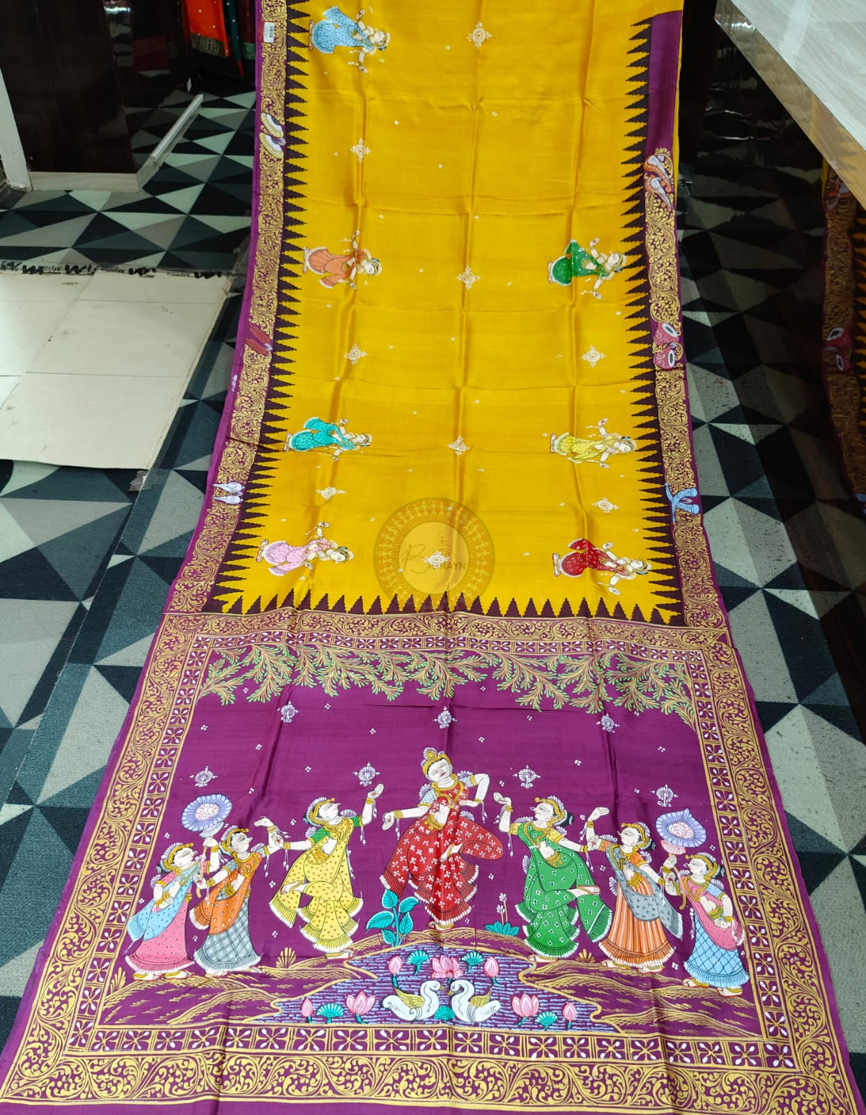 Yellow Purple Odissi Dancer Theme Pattachitra Raw Silk Saree