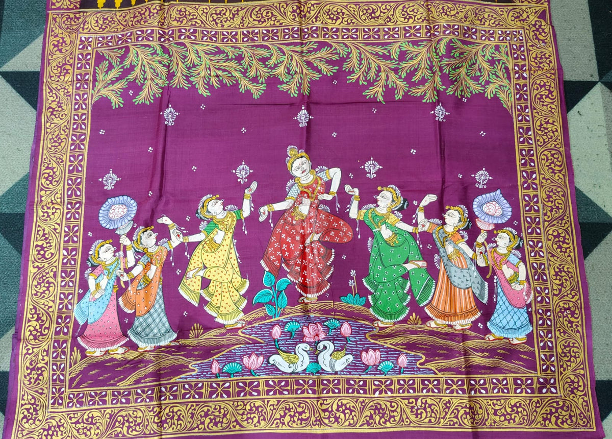 Yellow Purple Odissi Dancer Theme Pattachitra Raw Silk Saree