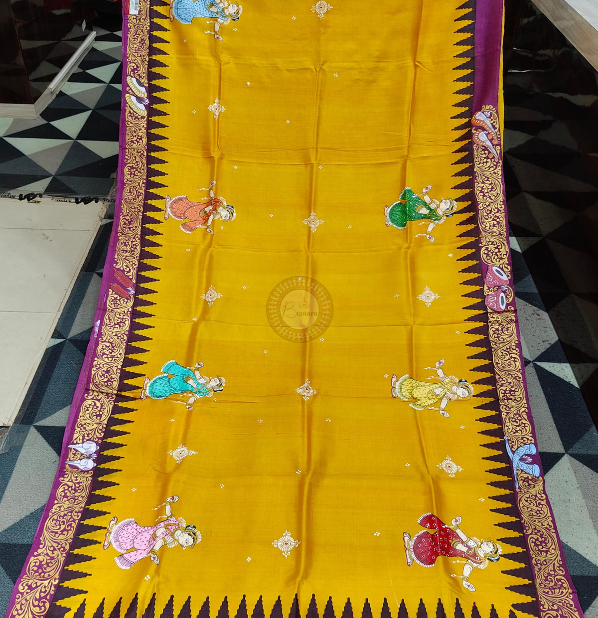 Yellow Purple Odissi Dancer Theme Pattachitra Raw Silk Saree