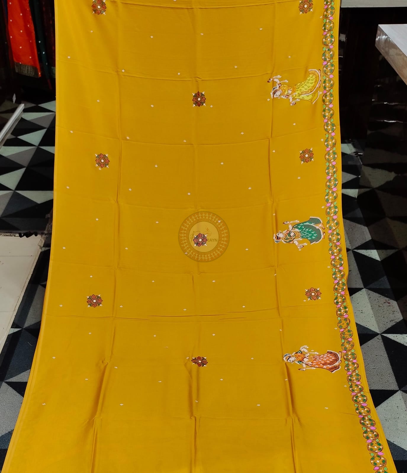 Yellow Raja Doli Theme Pattachitra Khadi Silk Saree