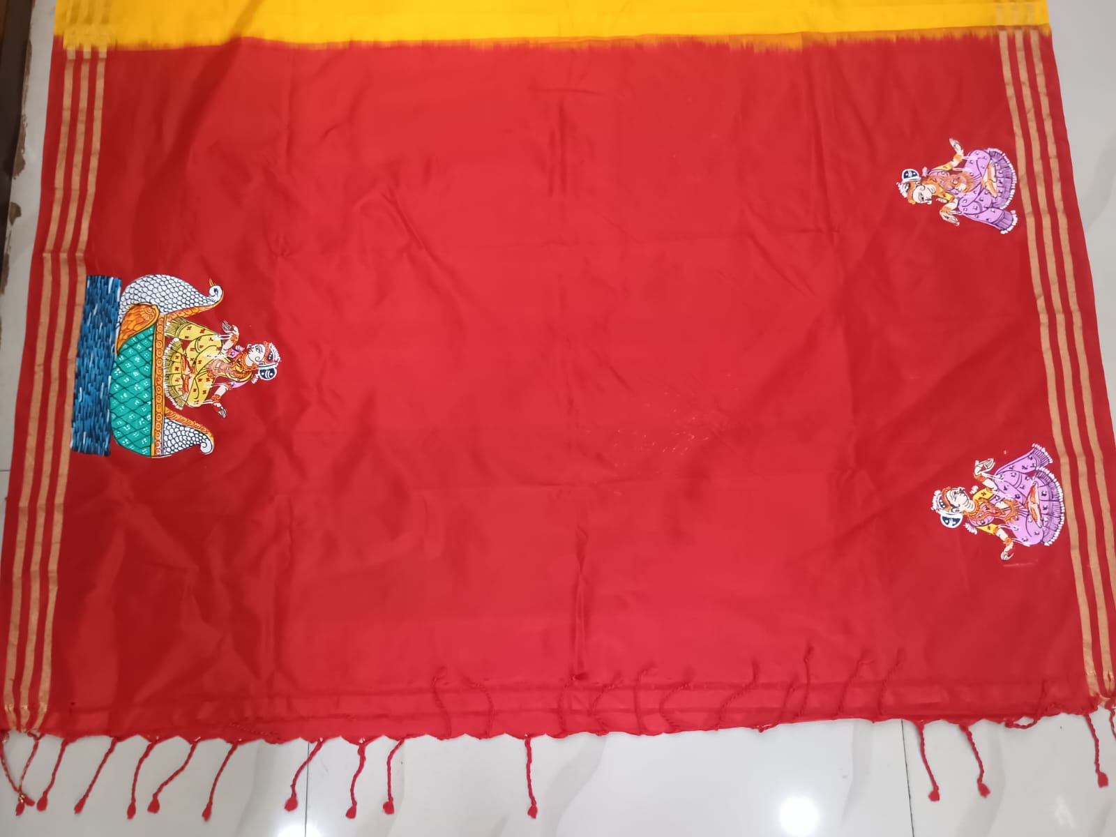 Yellow Red Boita Bandana Theme Pattachitra Kanjeeveram Silk Saree